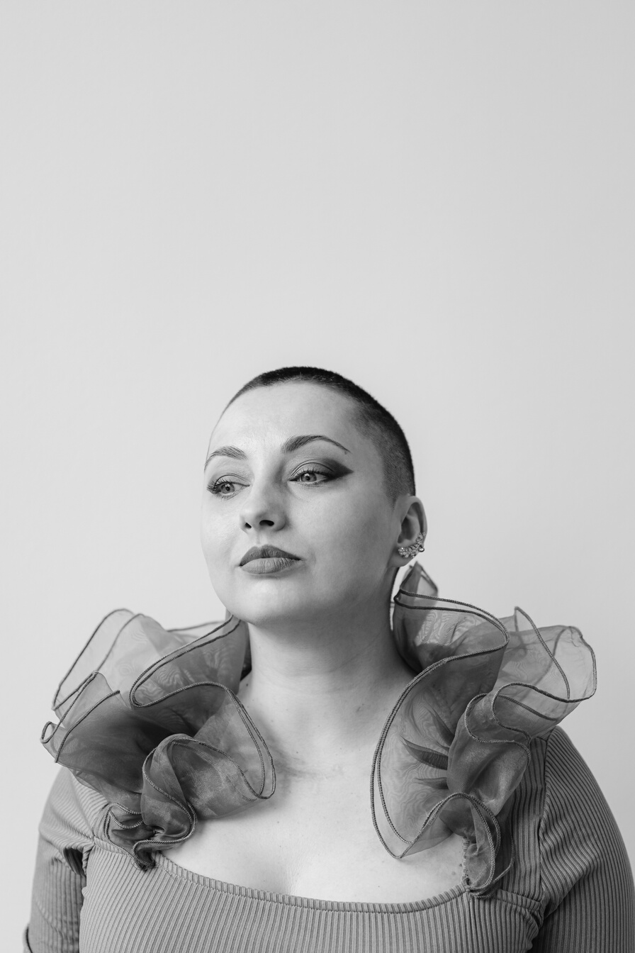 Studio Portrait of a Woman with a Shaved Head